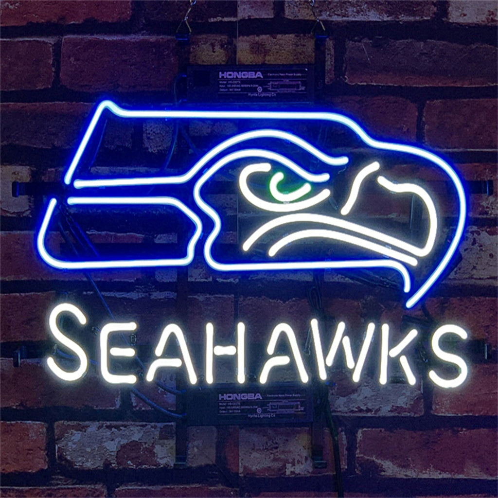 Seattle Seahawks Logo Neon Sign Light with blue and green neon tubes on metal grid backing