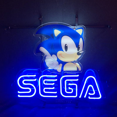 Sega Neon Signs Light showing blue neon glass tube on metal grid backing