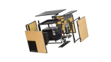 Exploded view of a RevX Acrylic X Tub Cold Plunge showing wooden panel sides, black acrylic tub, and integrated chiller and filtration components arranged around the central unit.