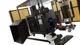 Industrial cold plunge system components including a large black fan vent, metallic pipes, a cylindrical filtration chamber, and a control panel mounted on a black base.