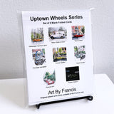 Set of Uptown Wheels notecards showing 8 different illustrated vehicles
