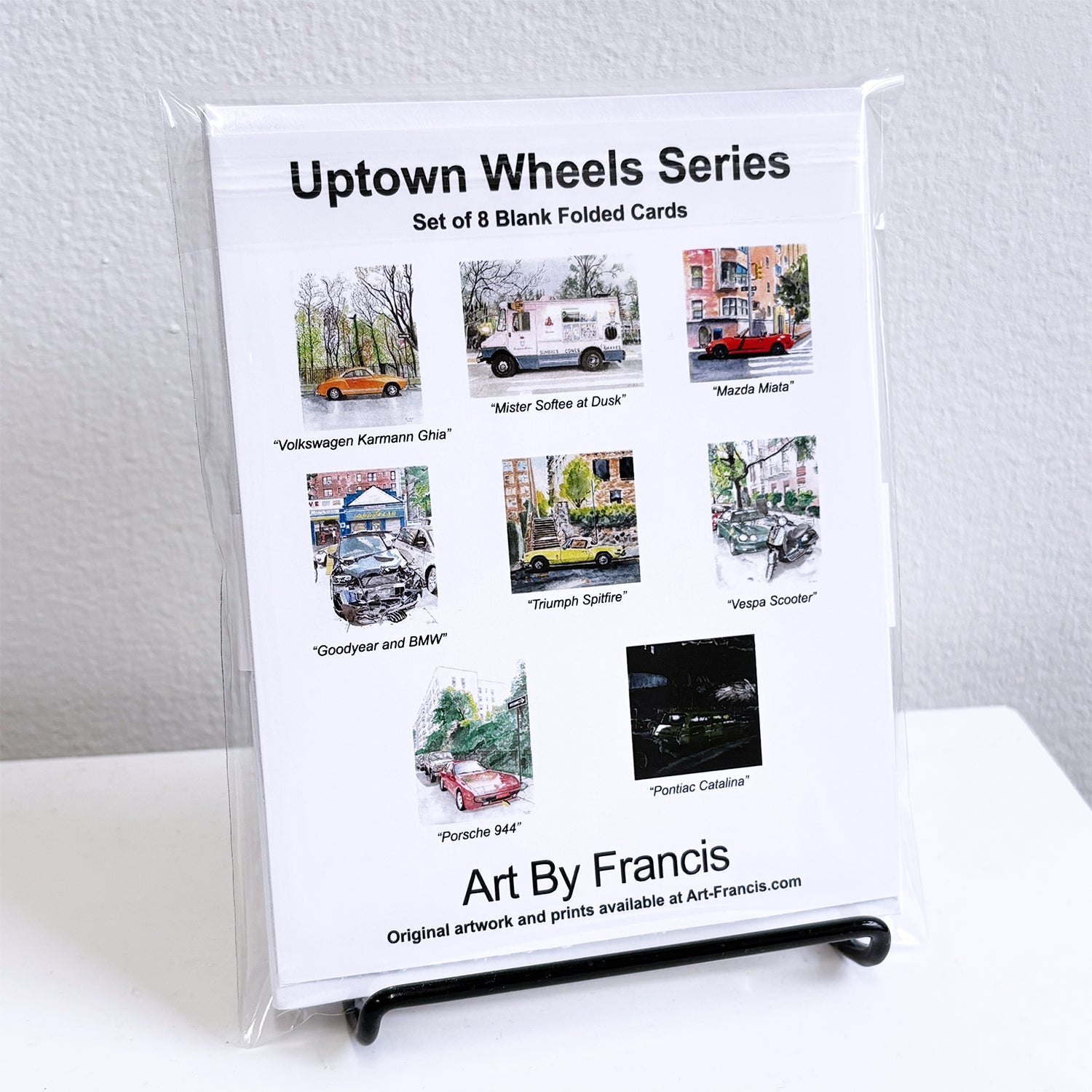 Set of Uptown Wheels notecards showing 8 different illustrated vehicles