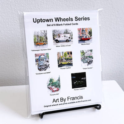 Set of Uptown Wheels notecards showing 8 different illustrated vehicles
