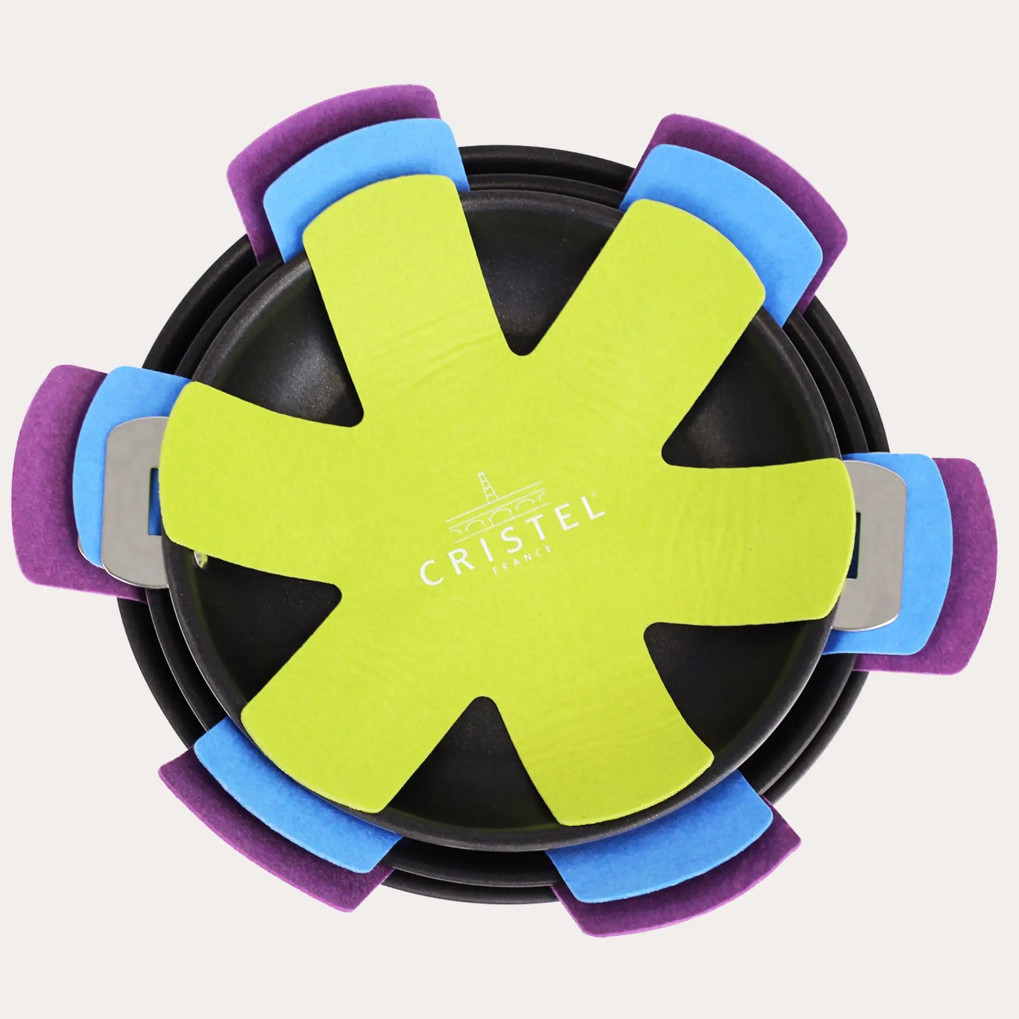 Set of three round pan protectors stacked on non-stick pans
