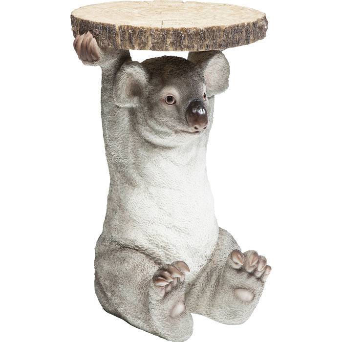 Side table shaped like a seated gray koala holding a round, bark-edged wood slab above its head