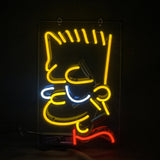 Neon sign depicting Bart Simpson's profile with bright yellow outline, white accents for eyes and mouth, and a red collar on a black background.