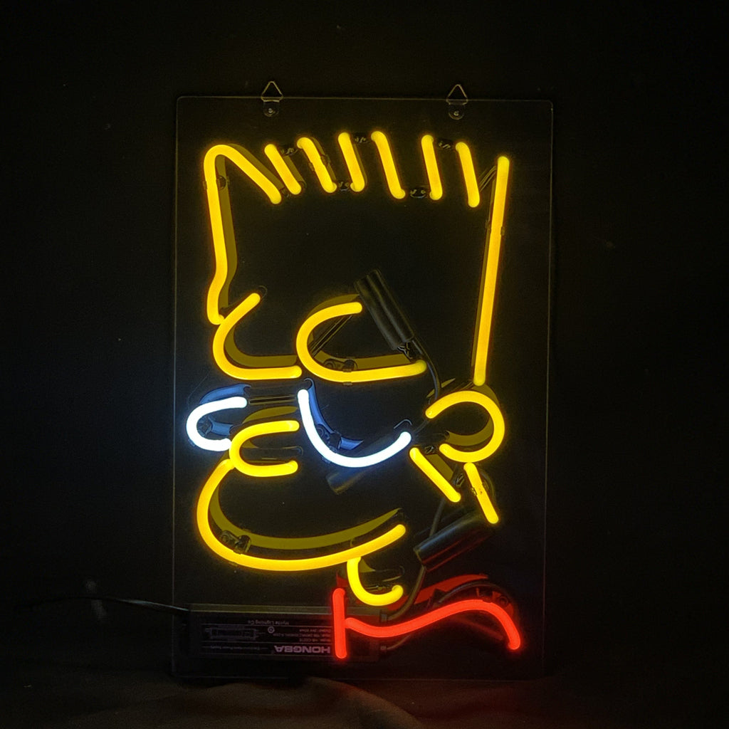 Neon sign depicting Bart Simpson's profile with bright yellow outline, white accents for eyes and mouth, and a red collar on a black background.