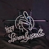 White neon sign depicting a profile of a woman wearing a feathered hat, with cursive text 'Leinenkugel's' and 'since 1867' on a black background.