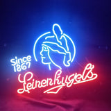 Neon sign with blue profile of a woman wearing a feathered hat, 'Since 1867' in blue, and 'Leinenkugel's' written in cursive red neon below.