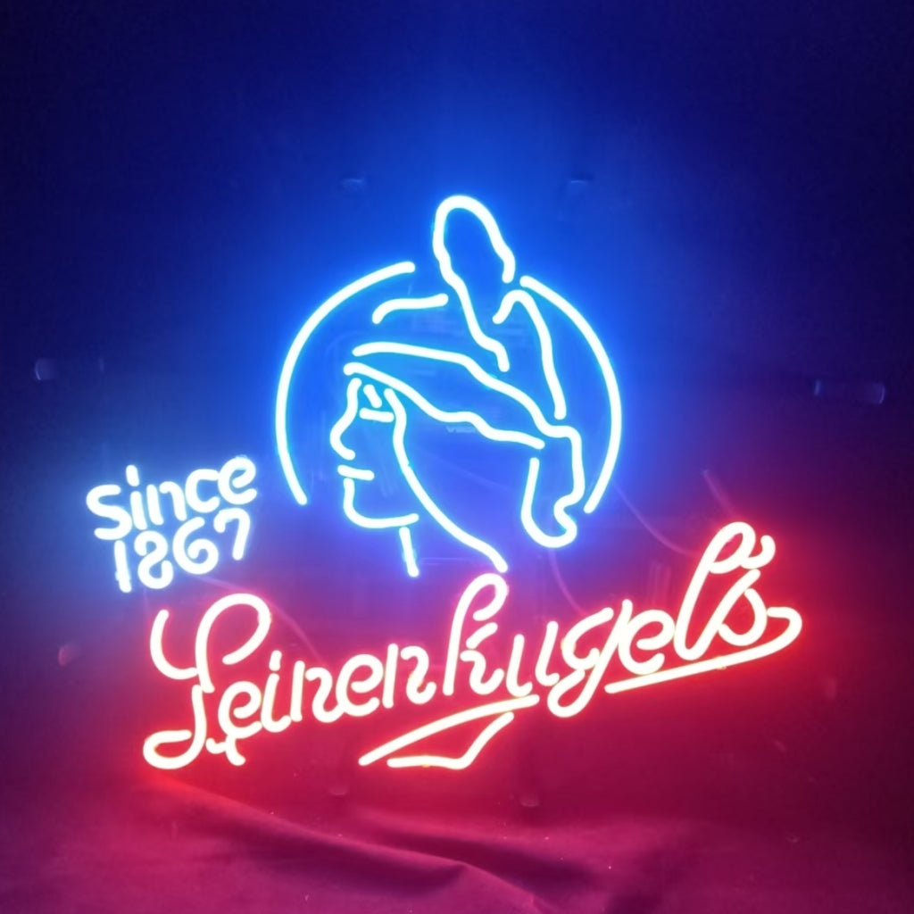 Neon sign with blue profile of a woman wearing a feathered hat, 'Since 1867' in blue, and 'Leinenkugel's' written in cursive red neon below.