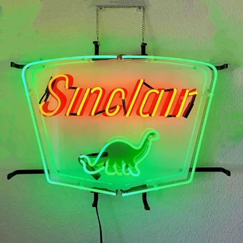Sinclair Dino Gasoline Neon Signs Light showing bright green dinosaur neon on metal grid backing