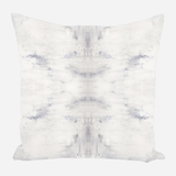 Square pillow with a symmetrical abstract pattern in soft white and gray tones, creating a subtle textured effect.