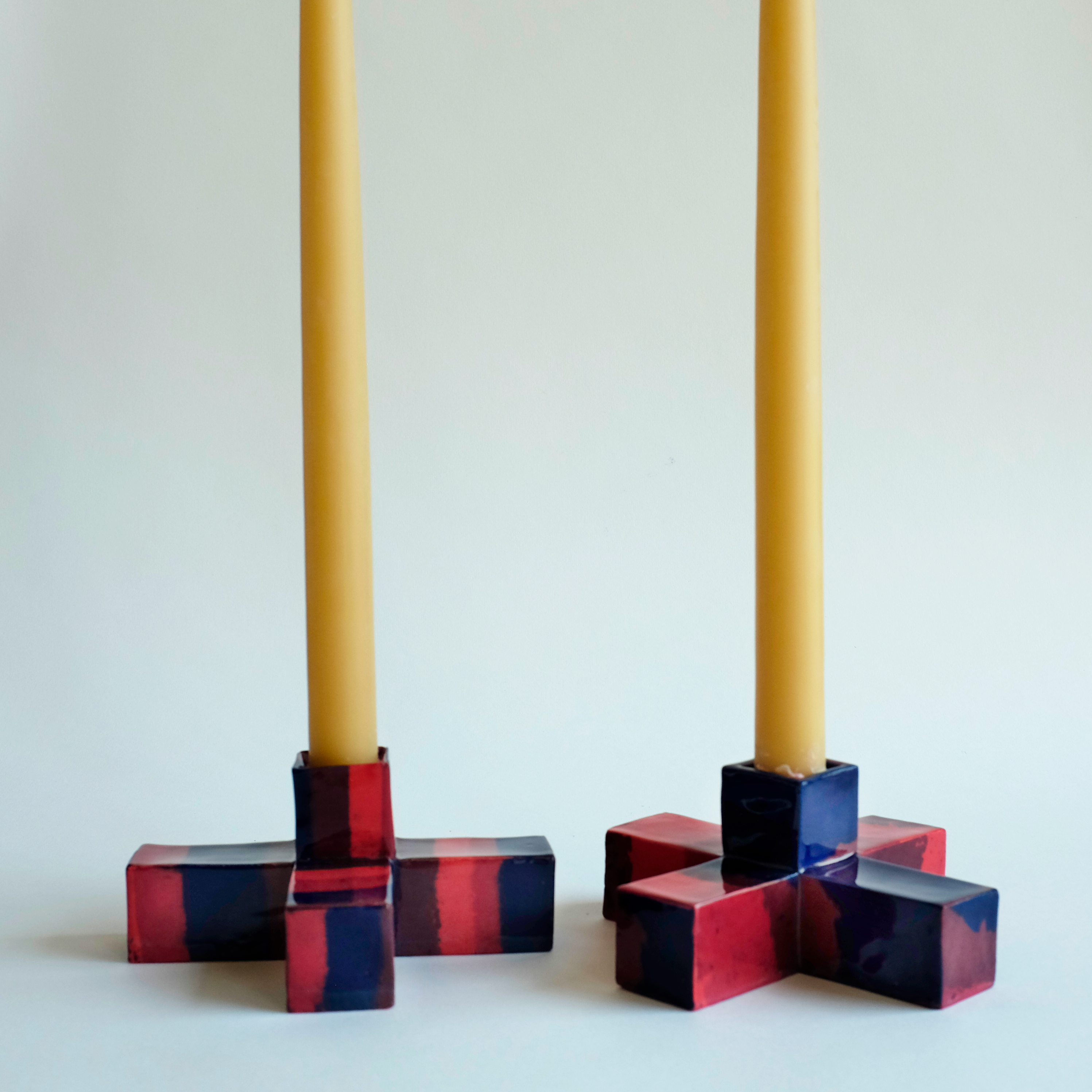 Squared Candle Small candle holder in blue and red Nerikomi design
