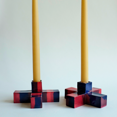 Squared Candle Small candle holder in blue and red Nerikomi design