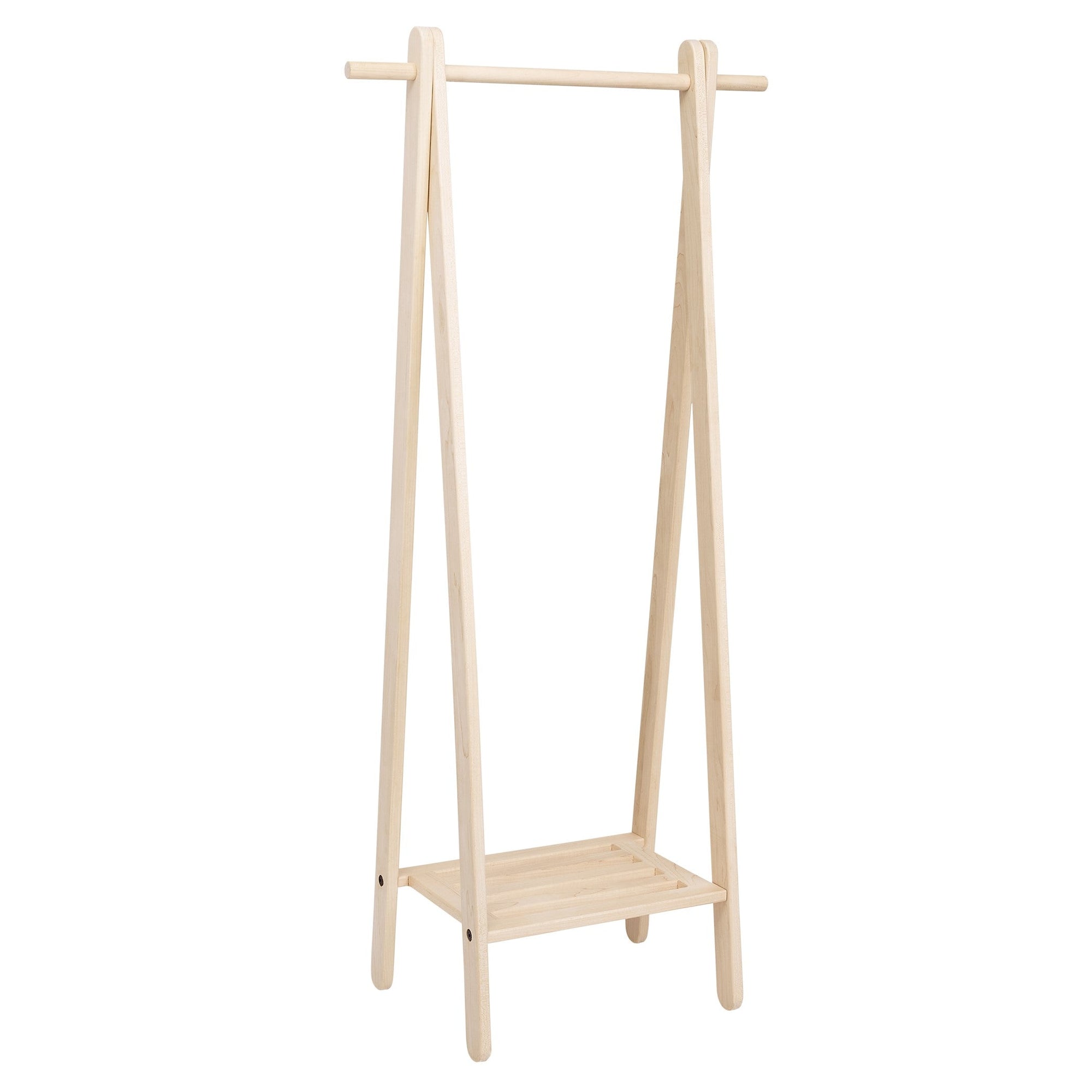 Handcrafted wooden garment rack holding clothes and coats in a home setting