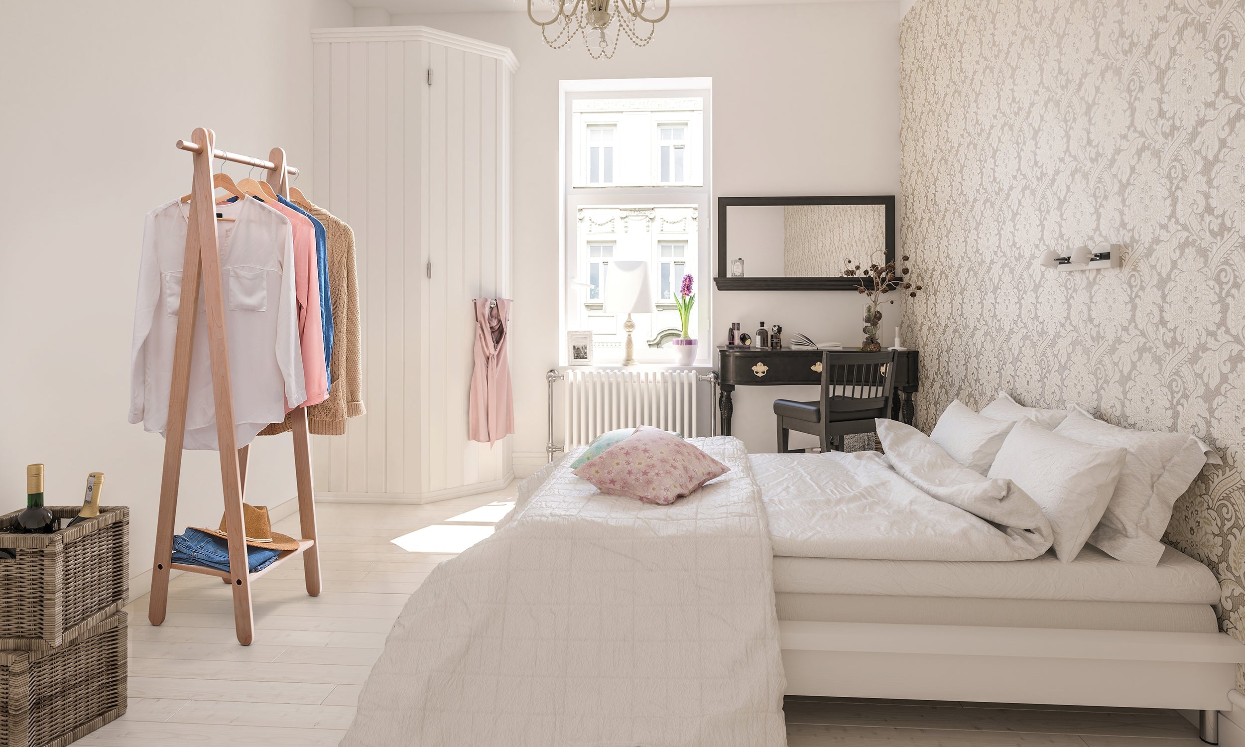 Handcrafted wooden garment rack holding clothes and coats in a home setting