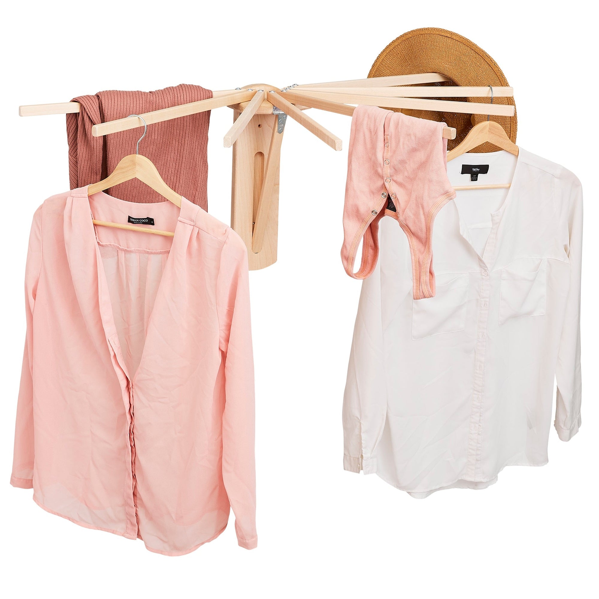 Fold down wall mounted clothes drying rack made of maple hardwood with clothes drying on it