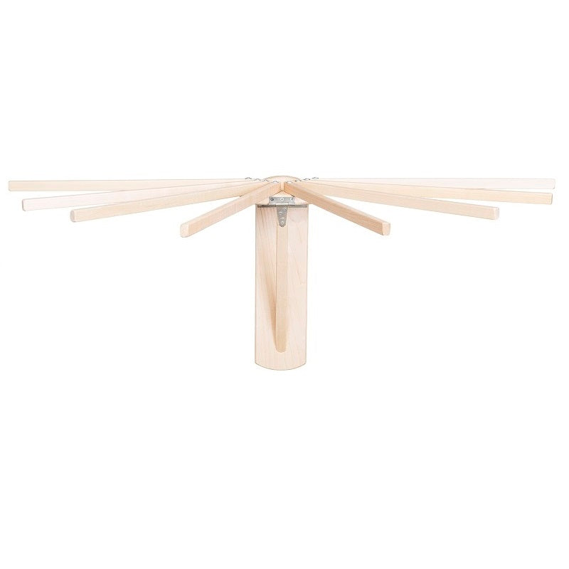 Fold down wall mounted clothes drying rack made of maple hardwood with clothes drying on it
