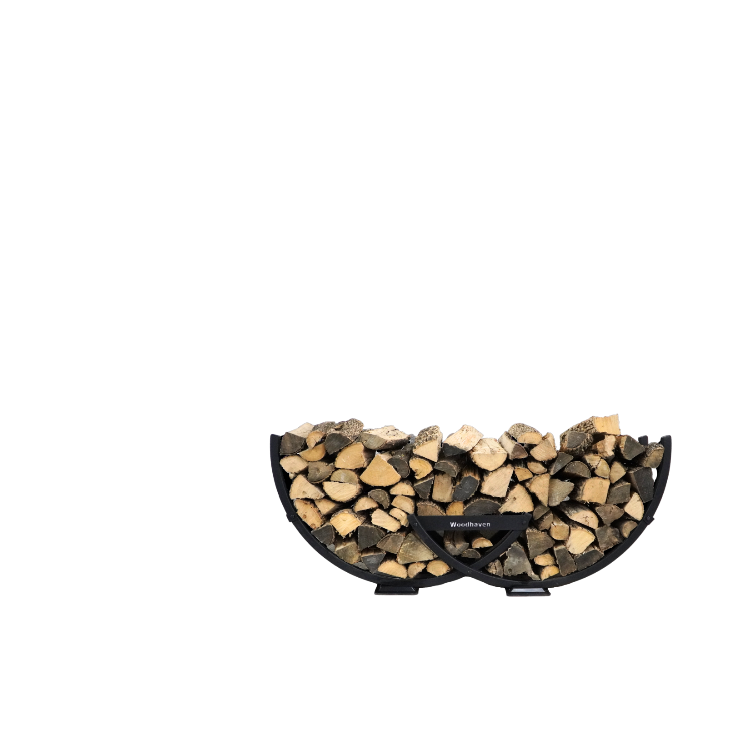 Winter Workman firewood rack by The Woodhaven showing curved steel design and wood storage