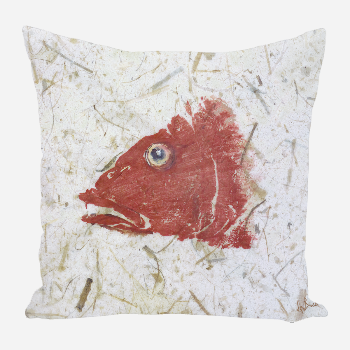 Square pillow with a red fish head illustration against a white background with subtle gray and beige textured streaks.