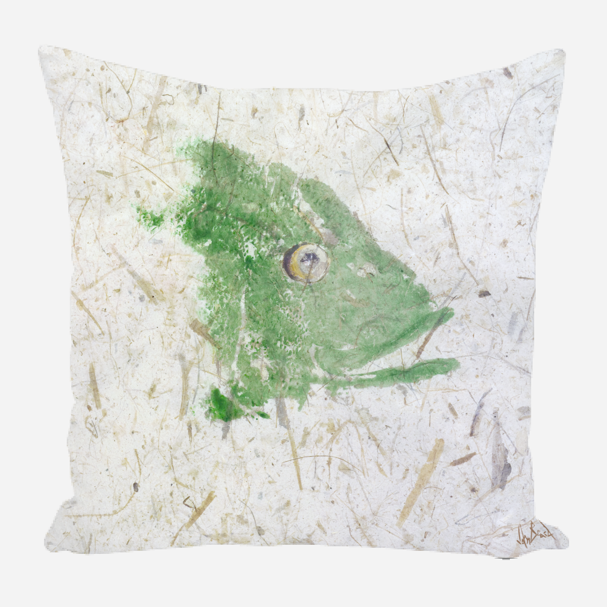 Square pillow with a green snapper fish graphic on a textured white background featuring natural fibers and subtle leaf patterns.