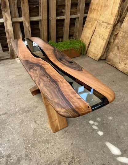 Handmade solid walnut console table with epoxy resin and live edge design