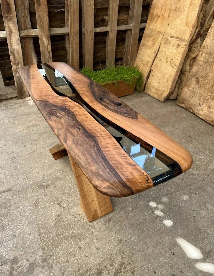 Handmade solid walnut console table with epoxy resin and live edge design
