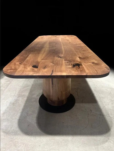 Solid walnut wood dining table with edge-glued tabletop and wooden tulip legs