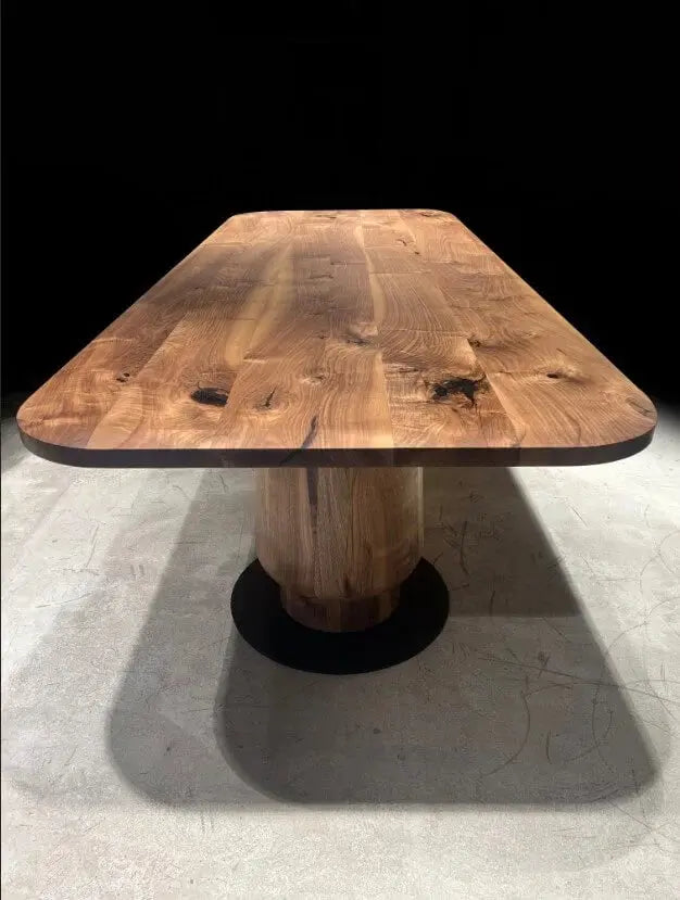 Solid walnut wood dining table with edge-glued tabletop and wooden tulip legs