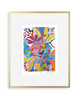Bright, colorful floral print featuring large stylized flowers and leaves in yellow, pink, blue, and red with black and purple accents, framed in a thin gold frame.
