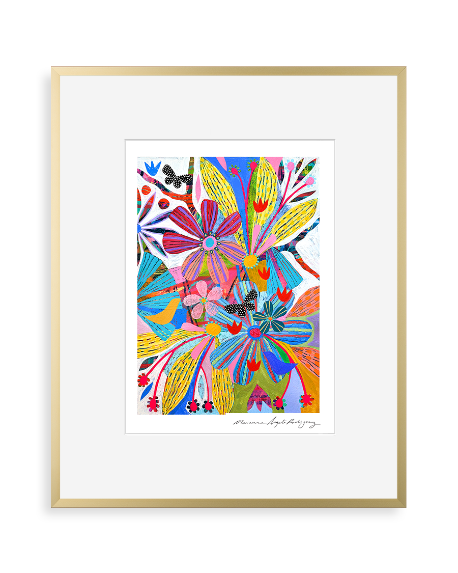 Bright, colorful floral print featuring large stylized flowers and leaves in yellow, pink, blue, and red with black and purple accents, framed in a thin gold frame.