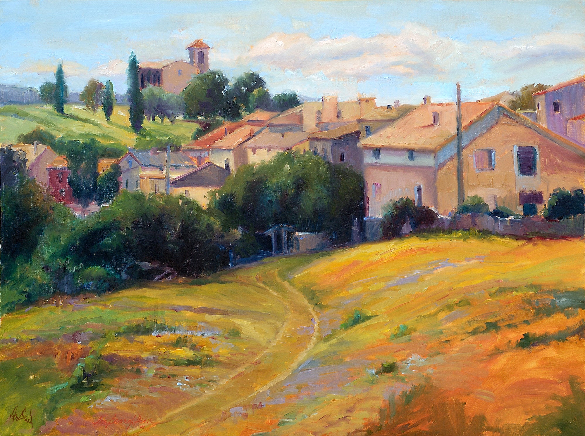 Spanish Village Artist Enhanced Canvas Print showing layered colors and coastal village imagery