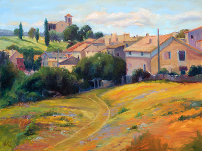 Spanish Village Artist Enhanced Canvas Print showing layered colors and coastal village imagery