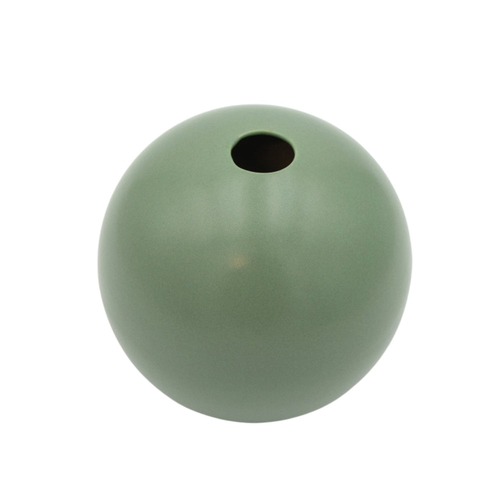Smooth matte green spherical vase with a small round opening at the top, shown against a white background.
