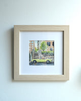 Watercolor painting of Triumph Spitfire MK3 car parked on Cabrini street, NYC