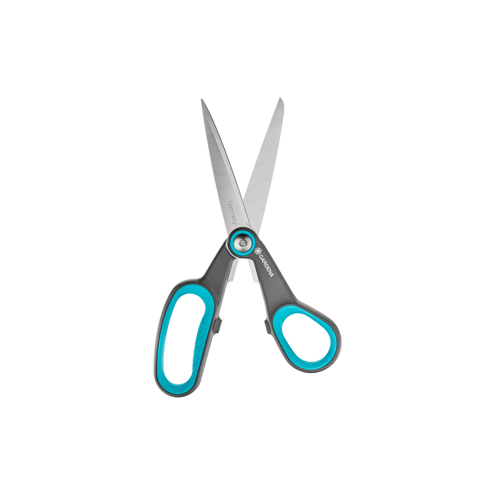 Pair of garden scissors with gray handles and turquoise rubber grips, stainless steel blades crossed on a white background.
