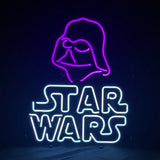 Purple neon outline of a stylized Star Wars character helmet above white neon 'STAR WARS' text on black background
