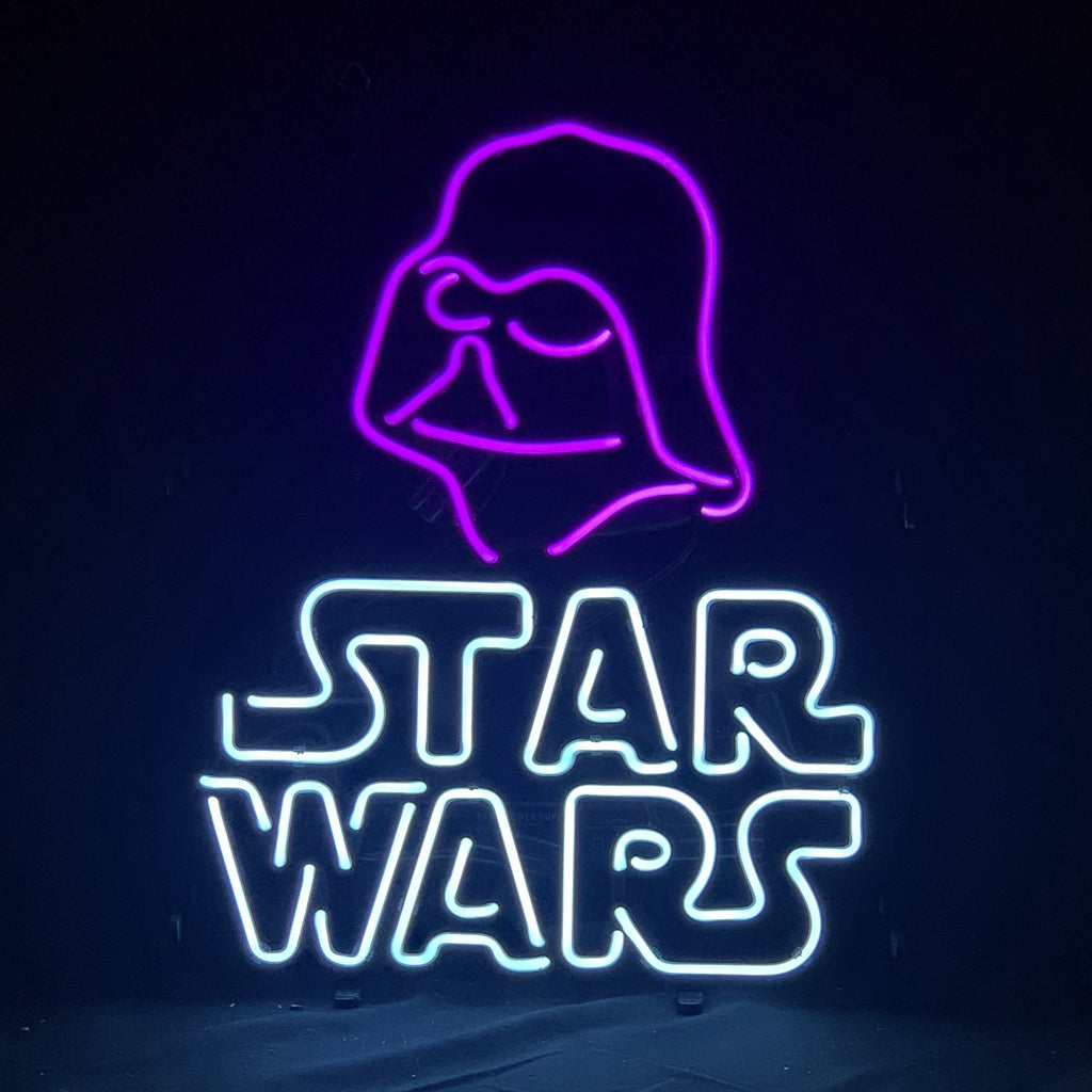 Purple neon outline of a stylized Star Wars character helmet above white neon 'STAR WARS' text on black background