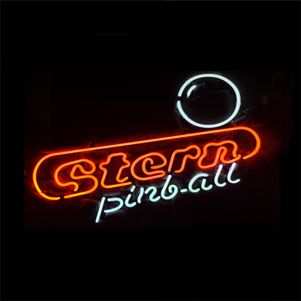 Stern Pinball Machine Neon Sign glowing blue on a metal grid backing