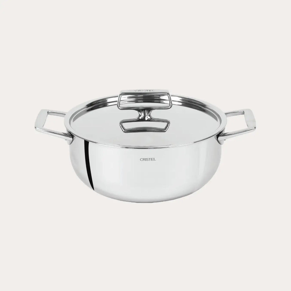 Round stainless steel stewpan with two flat handles and matching lid with a rectangular handle, featuring a polished reflective finish.