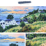 Painting showing houses on a grassy hillside overlooking a calm sea under a cloudy sky at sunset with hues of blue, green, and orange.