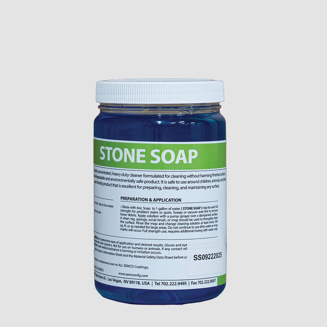 Stone Soap Cleaner containers in 1 Quart, 1 Gallon, and 5 Gallon sizes