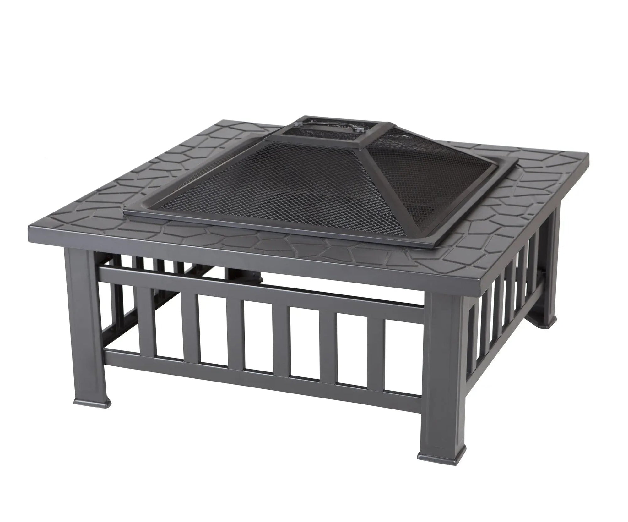 Stonemont Square Fire Pit showing black steel fire box with stone-look rim and mission style base in outdoor setting