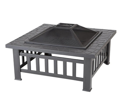 Stonemont Square Fire Pit showing black steel fire box with stone-look rim and mission style base in outdoor setting