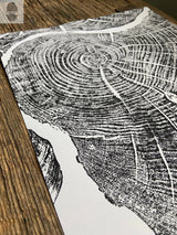 Black and white detailed print of a tree cross-section showing rings and cracks on textured white paper, placed on rough brown wood surface.