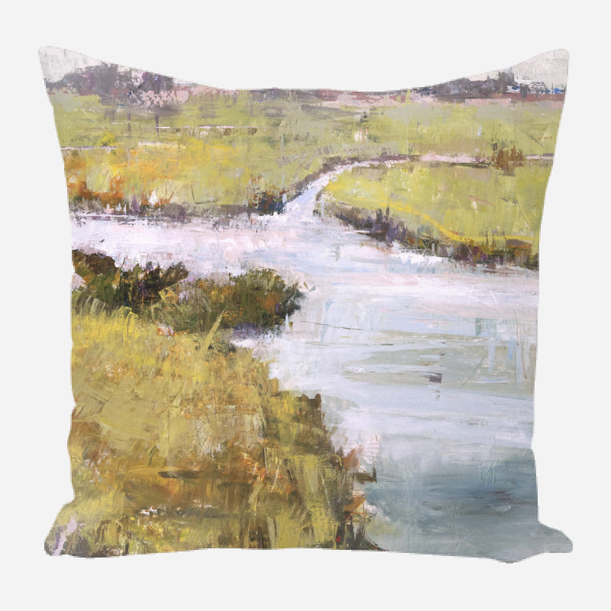 Square pillow featuring an impressionistic painting of a winding river through green and yellow marshland with textured brushstrokes and muted color palette.