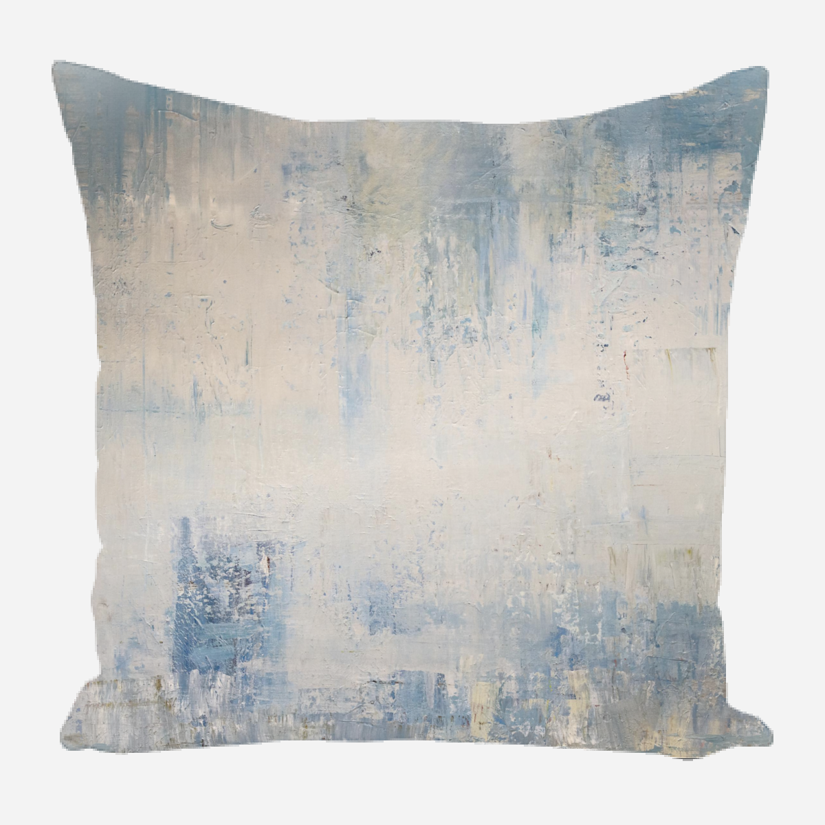 Square pillow with an abstract design featuring blended blue and beige tones in a textured, painterly pattern.