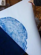 A person holding a white paper print featuring a detailed blue circular cross-section pattern resembling tree rings.