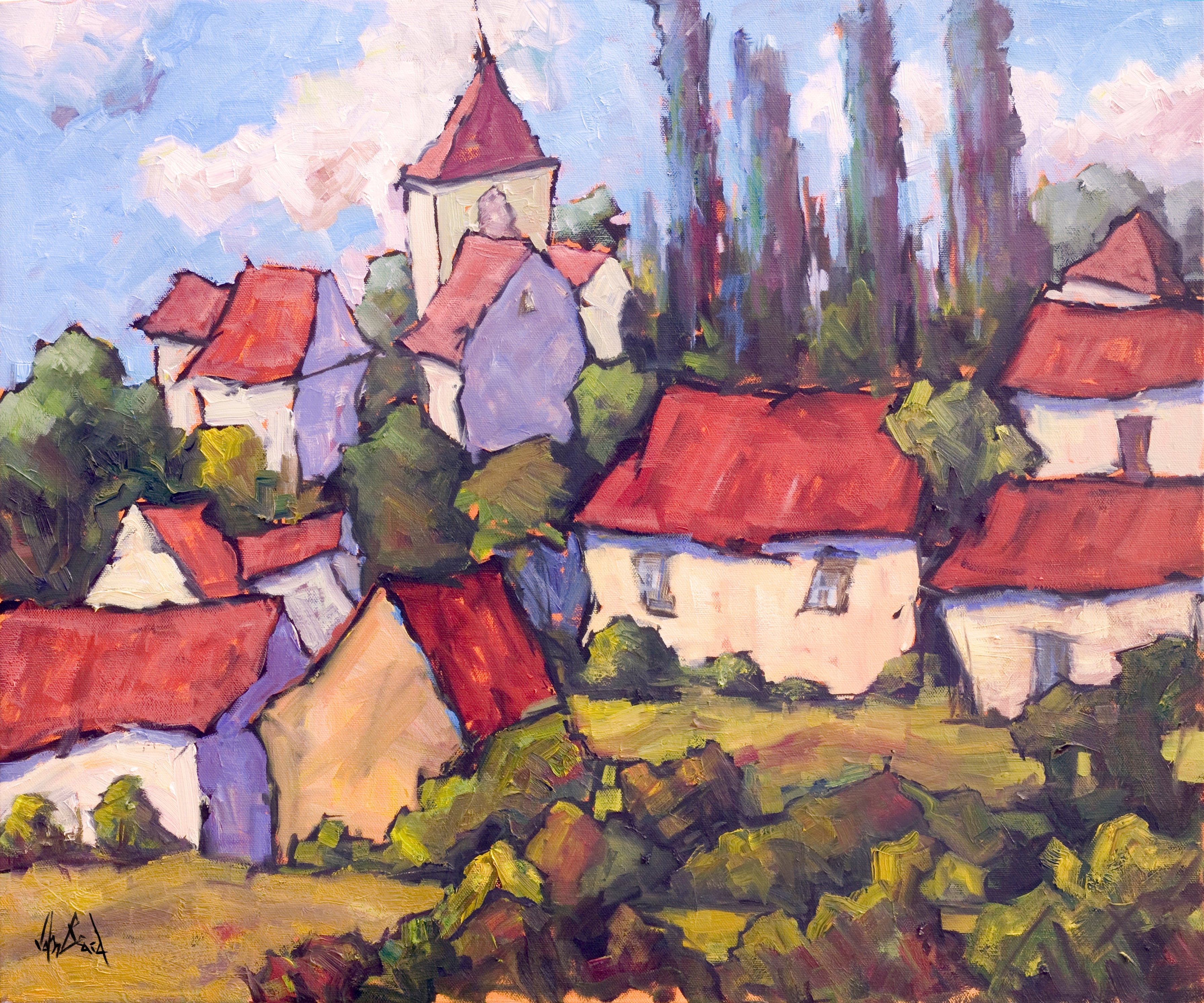 Sunlit Rooftops artist enhanced canvas print showing a coastal urban scene with warm sunlight on rooftops