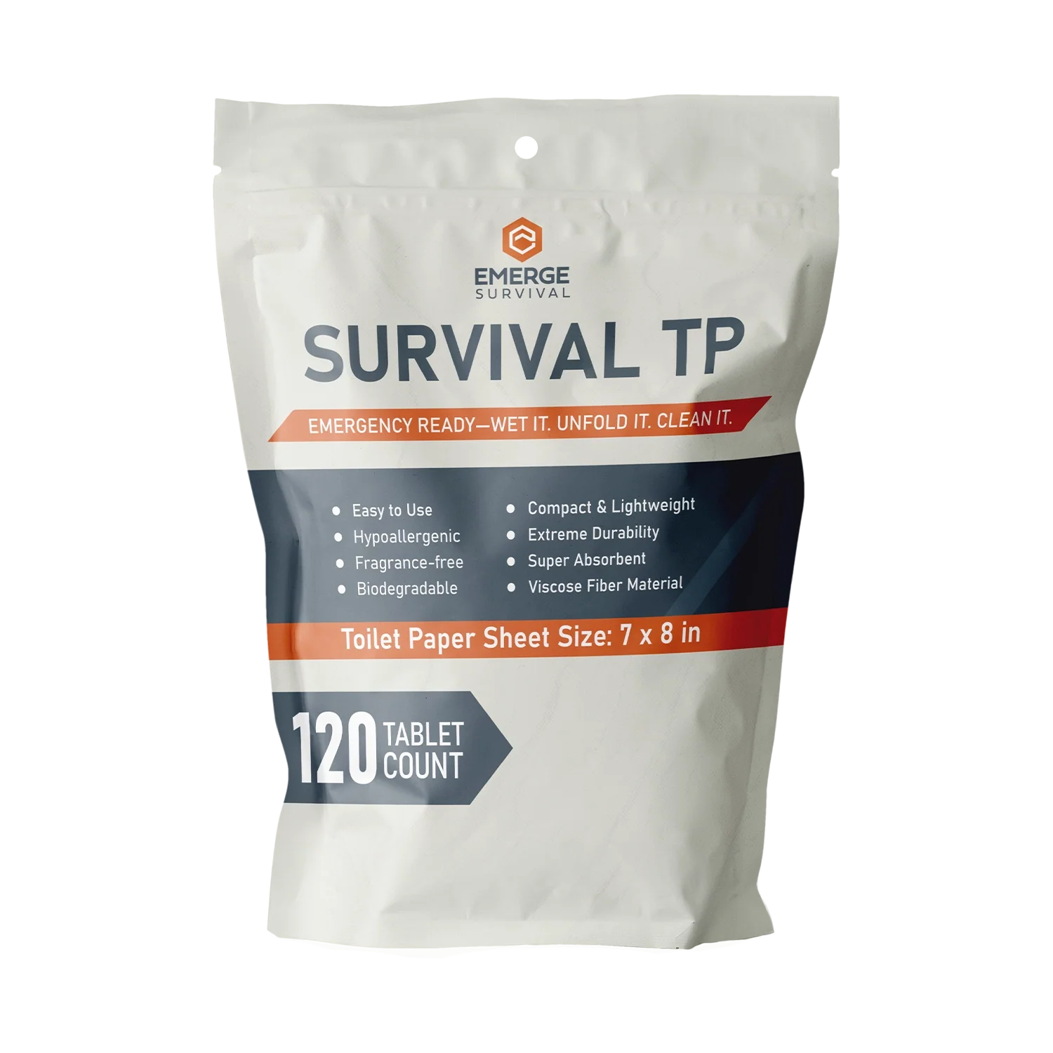Emerge Survival Toilet Paper compact tablets and expanded wipes displayed on white background